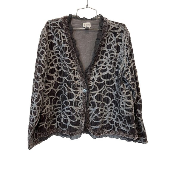 Chicos Jacket Size Large Cord Bouquet Keeley Bianca Button Velvet Metallic Ruffl - Picture 1 of 6